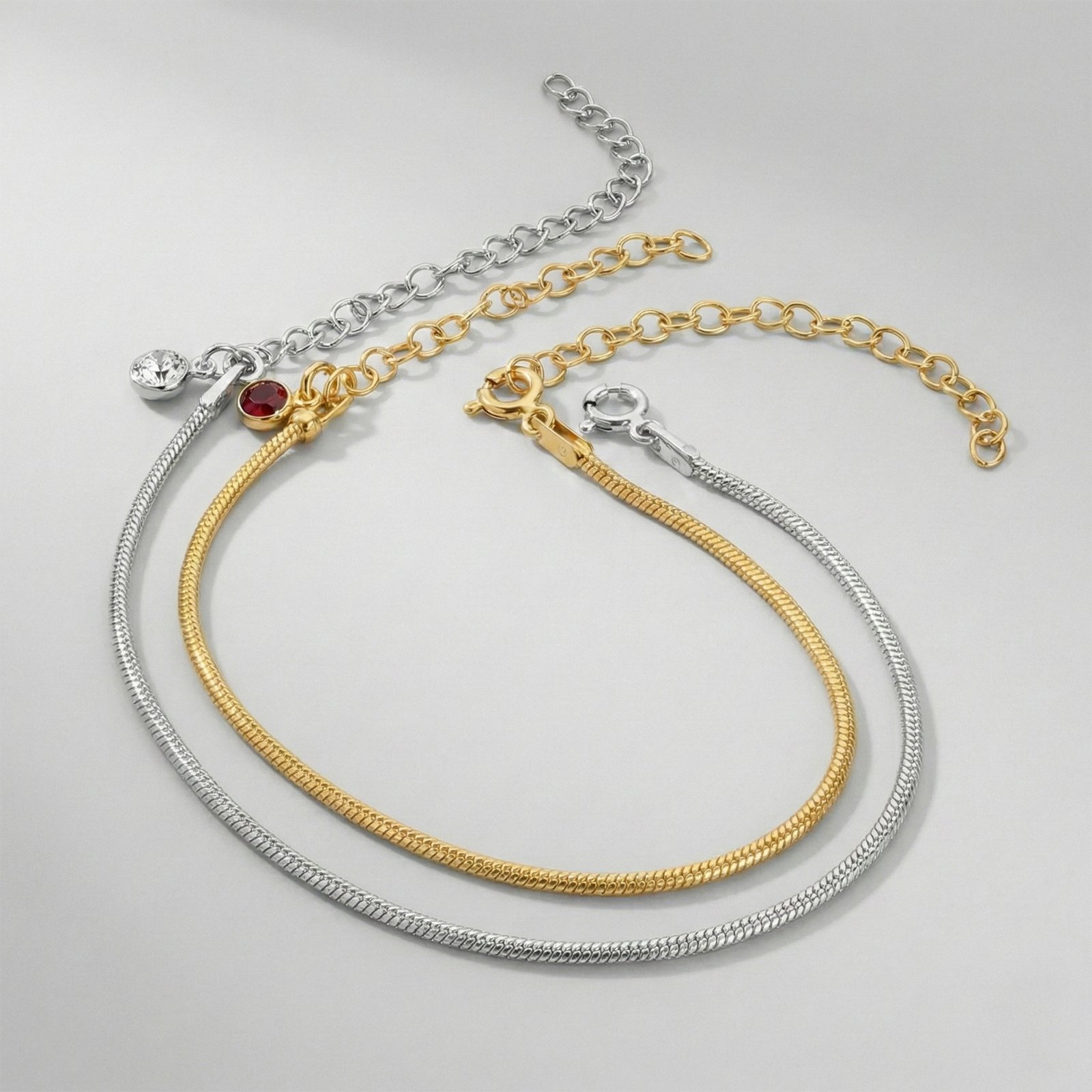 Doğum Ay Taşlı Yılan Zincir Bileklik (Çift) | 925 Gümüş