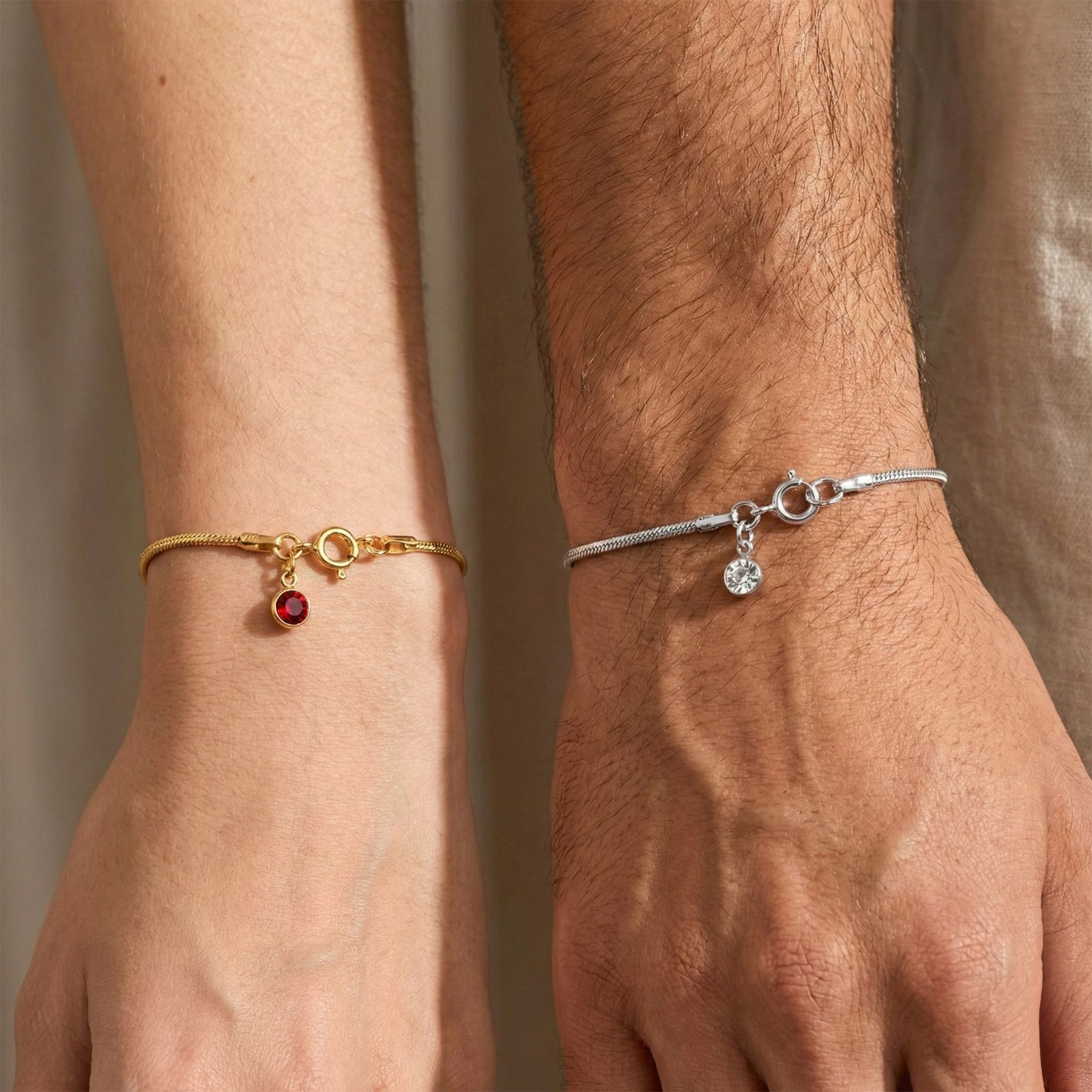 Doğum Ay Taşlı Yılan Zincir Bileklik (Çift) | 925 Gümüş