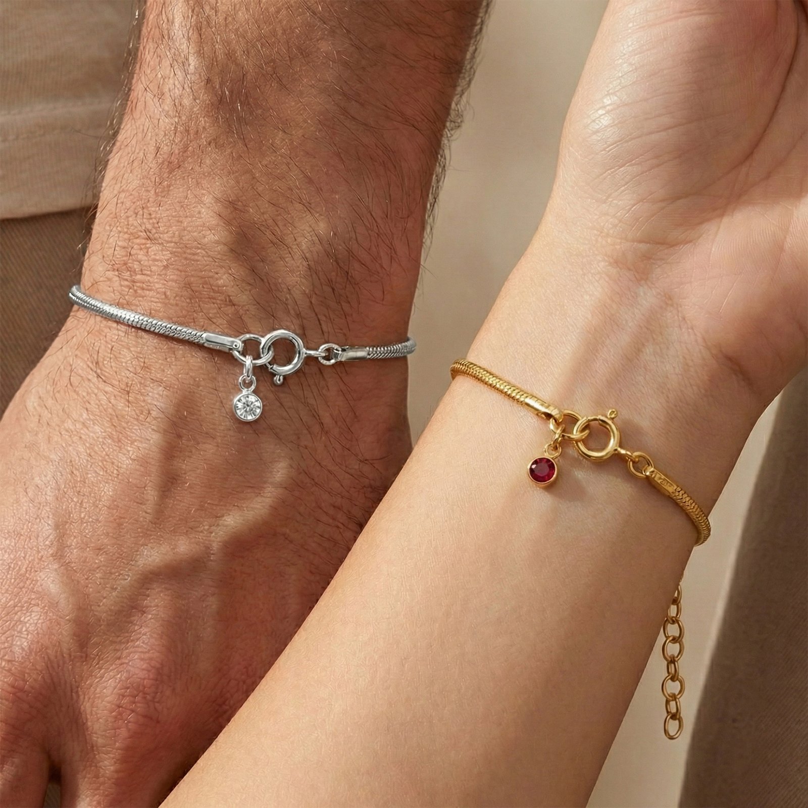 Doğum Ay Taşlı Yılan Zincir Bileklik (Çift) | 925 Gümüş